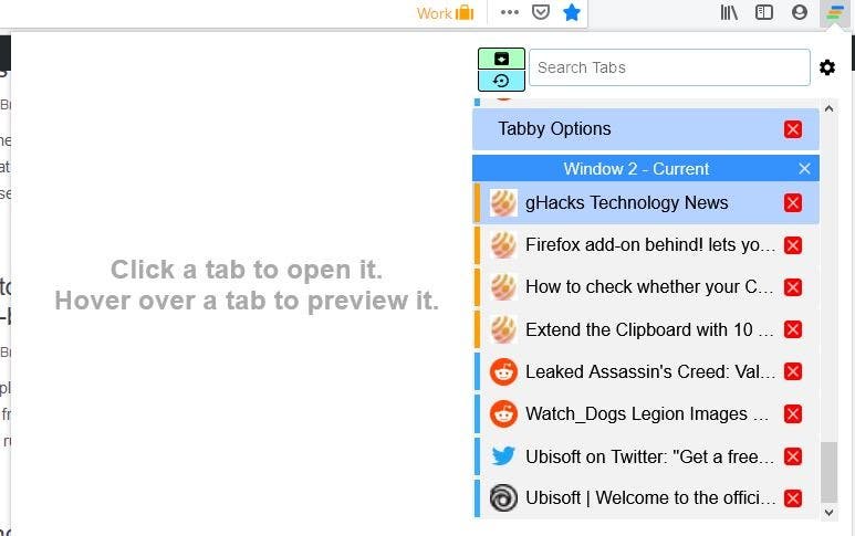 View tab previews, save and restore sessions with the Tabby - Window & Tab Manager extension for Firefox