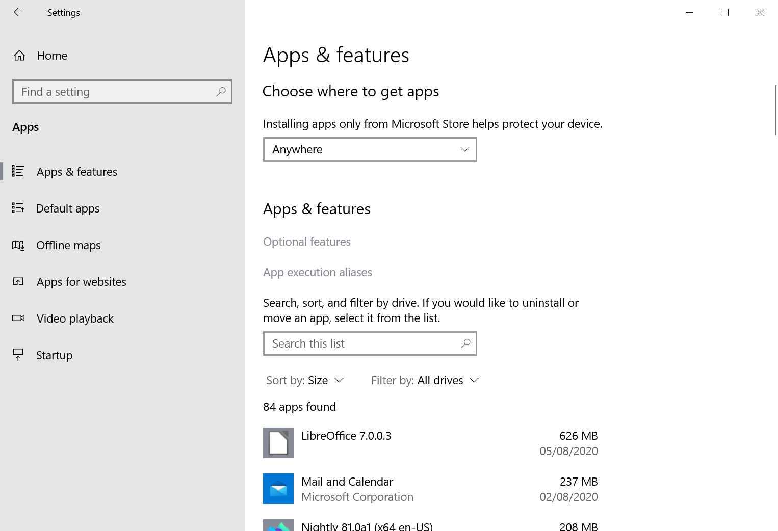 windows 10 apps settings