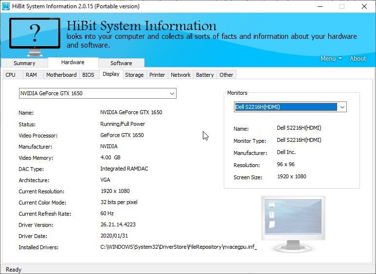 Información del sistema HiBit - pantalla