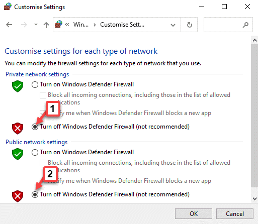 Personalizar la configuración Desactivar el Firewall de Windows Defender (no recomendado) Ok
