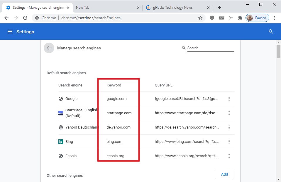 chrome keywords search