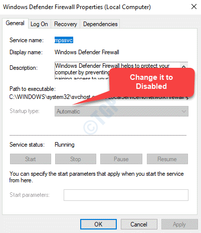Propiedades de Firewall de Windows Defender Tipo de inicio general Desactivado Aplicar Aceptar