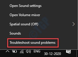 Icono de altavoz de la barra de tareas Haga clic con el botón derecho en Solucionar problemas de sonido