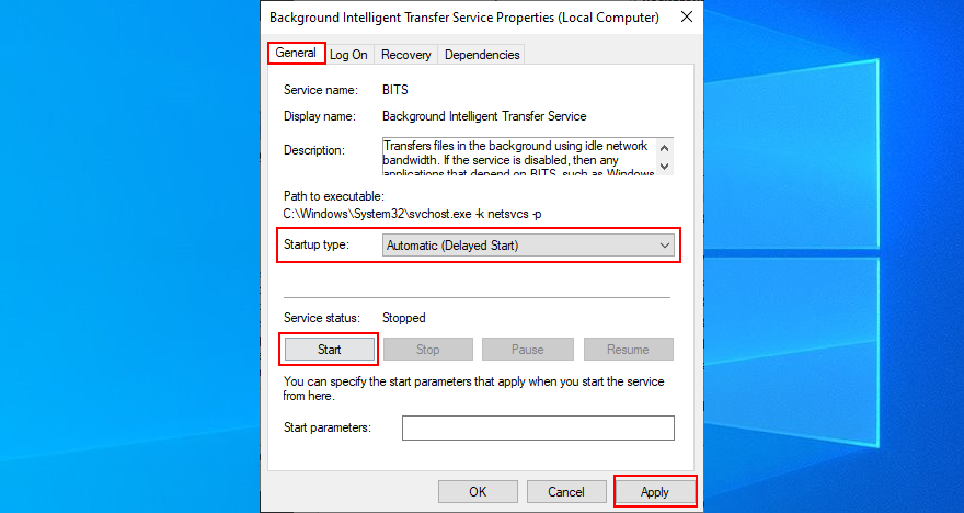 Windows 10 muestra cómo cambiar el tipo de inicio del Servicio de transferencia inteligente en segundo plano