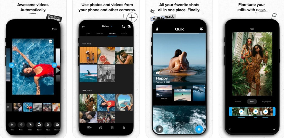 La aplicación Quik ofrece herramientas de edición fáciles de usar para fotos y videos creados por usuarios de GoPro, iPhone, Android y DSLR; la aplicación GoPro se renombra como Quik y contiene potentes herramientas de edición para usuarios de iOS y Android