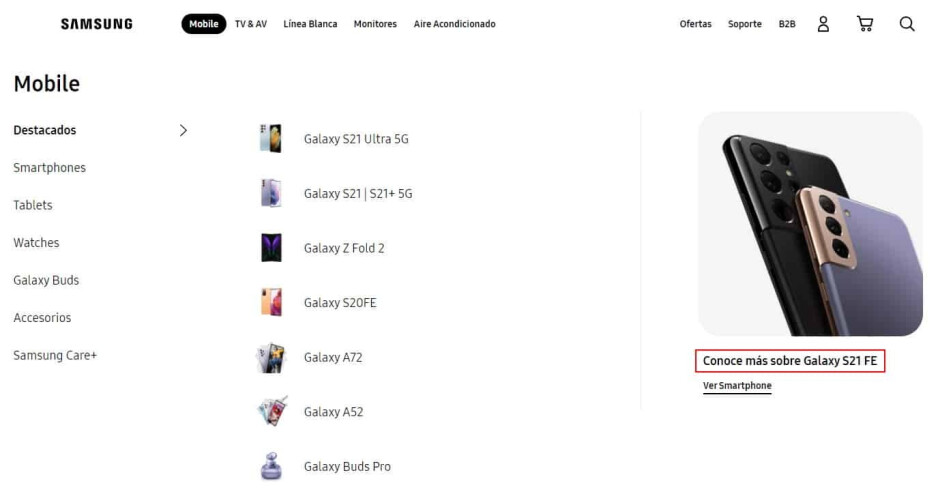 Samsung 'Galaxy S21 FE' mencionado accidentalmente en el sitio web oficial