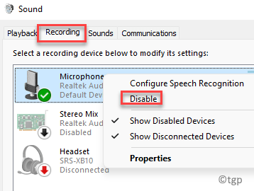 Ficha de grabación de sonido Micrófono Clic derecho Desactivar Mín. (1)