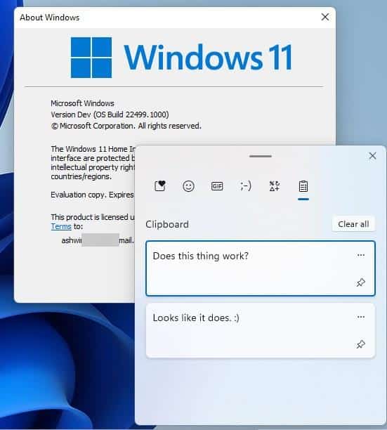 Historial del portapapeles de Windows 11 Insider Preview Build 22499
