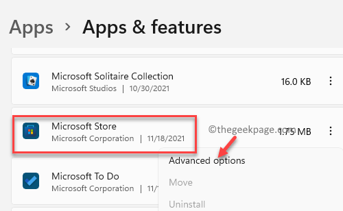 Configuración Aplicaciones Aplicaciones y funciones Lista de aplicaciones Microsoft Store Three Dots Opciones avanzadas Mín.