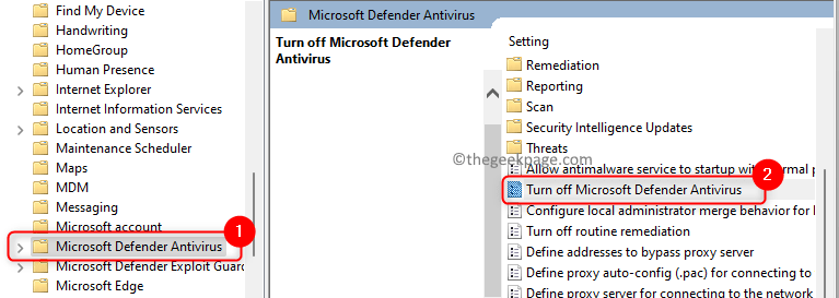 Seleccione Microsoft Defender Antivirus Desactivar configuración Mín.