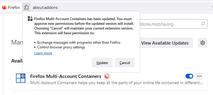 Los contenedores de múltiples cuentas de Firefox requieren permisos para intercambiar mensajes con otros programas