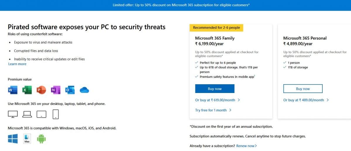 Los usuarios pirateados de Office obtienen una oferta de descuento para una suscripción a Microsoft 365