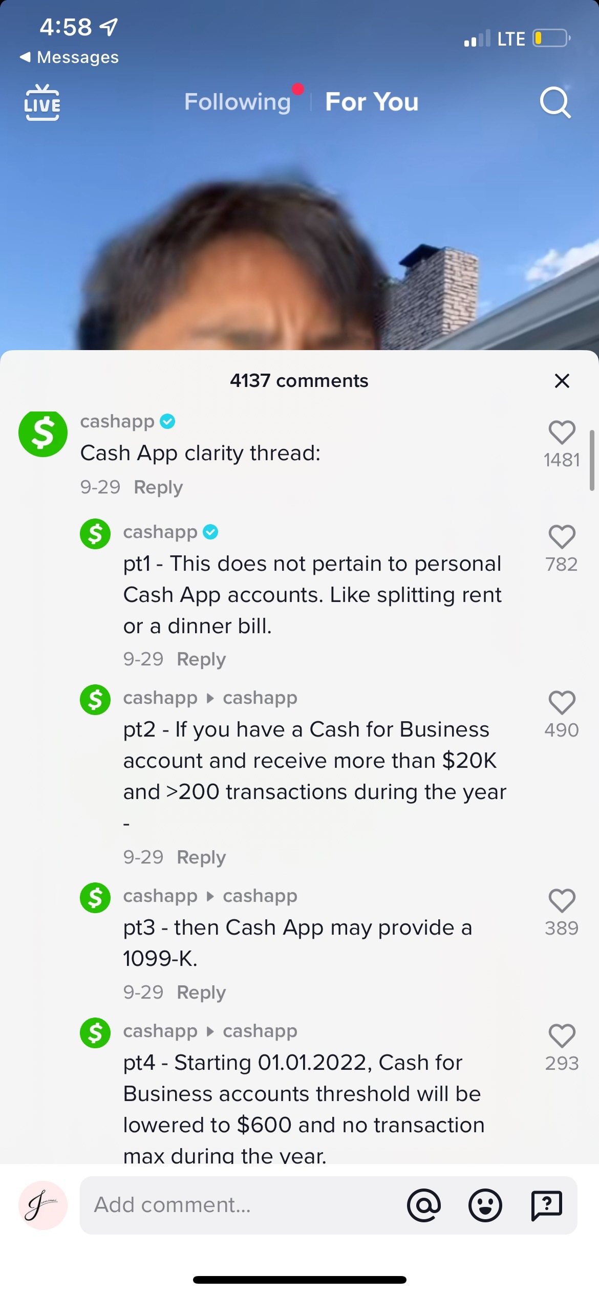 Los comentarios de CashApp sobre un TikTok advierten a los usuarios sobre el monto del impuesto.