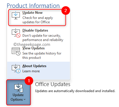 Opciones de actualización de Office Actualizar ahora Mín.