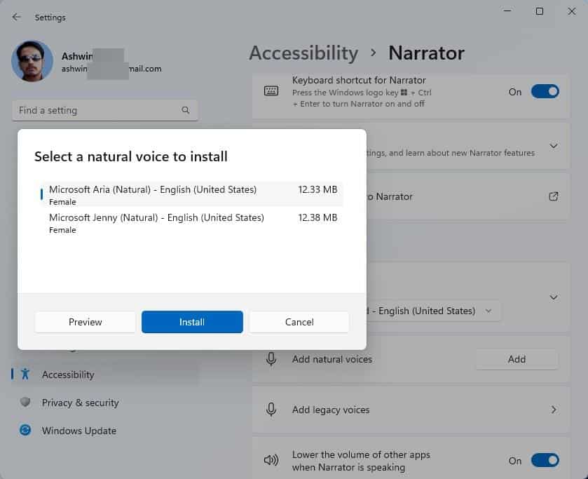 Windows 11 Insider Preview Build 22543 voces de narrador naturales