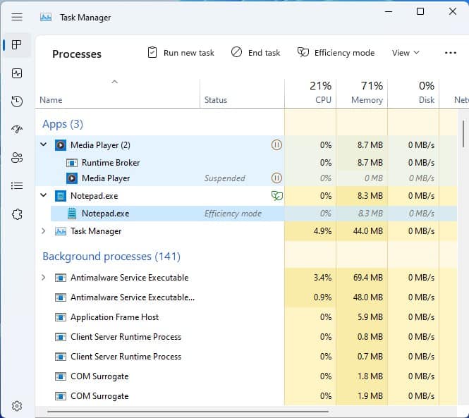 modo de eficiencia del administrador de tareas de Windows 11 y modo suspendido