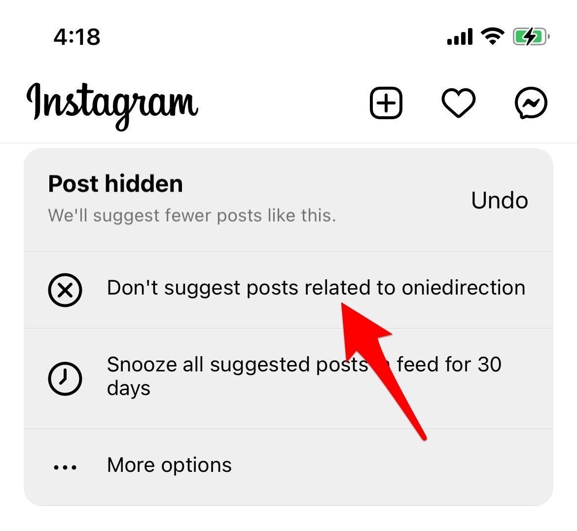 captura de pantalla de instagram para ocultar publicaciones sugeridas
