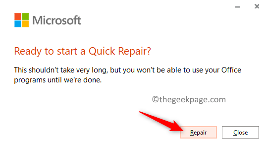 Office 365 Confirmar mínimo de reparación rápida