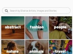 Barra de búsqueda con categorías de fotos debajo