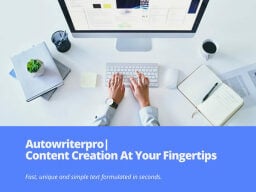 Manos escribiendo en el teclado en un escritorio blanco con monitor, portátil, plantas y otra parafernalia, y anuncio de banner para autowriterpro debajo de la imagen