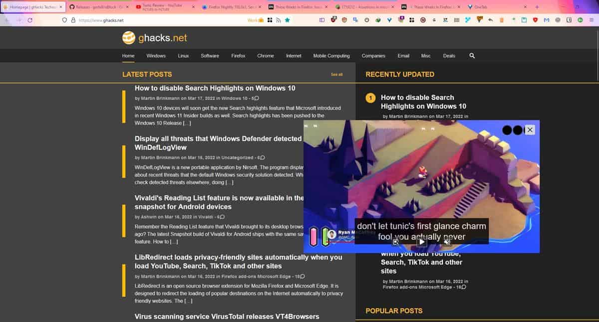 Mozilla Firefox ahora muestra subtítulos para videos en modo Picture-in-Picture en el canal Nightly
