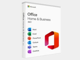 Caja blanca de Microsoft Office Home and Business con las aplicaciones incluidas enumeradas
