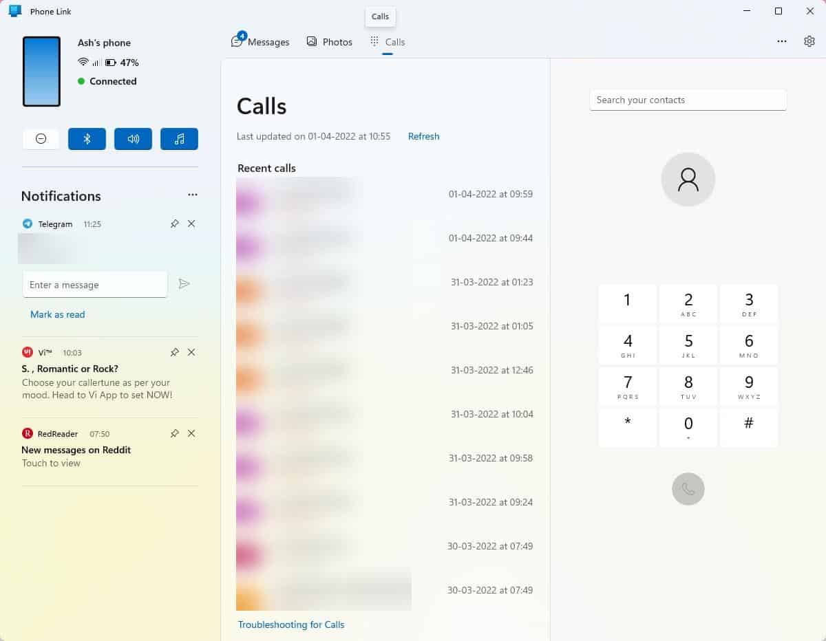 Aplicación Microsoft Phone Link - Llamadas