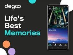 El eslogan de los mejores recuerdos de la vida junto a la pantalla del teléfono que muestra un álbum de fotos
