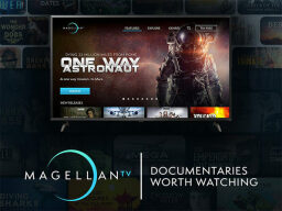 Pantalla de televisión con página de inicio de magellantv con astronauta