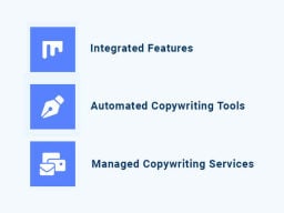 Tres iconos azules que anuncian características de autowriterpro