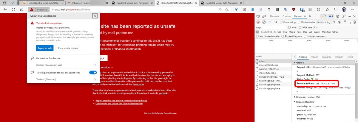 Microsoft Edge está bloqueando el sitio web de ProtonMail