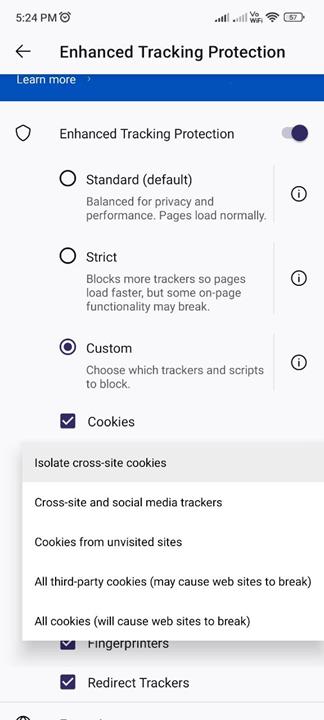 Total Cookie Protection en Firefox nightly para Android