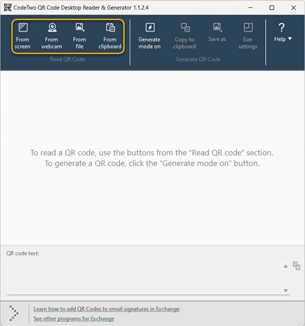 Vista de la interfaz de la aplicación Codetwo Qr Code Reader