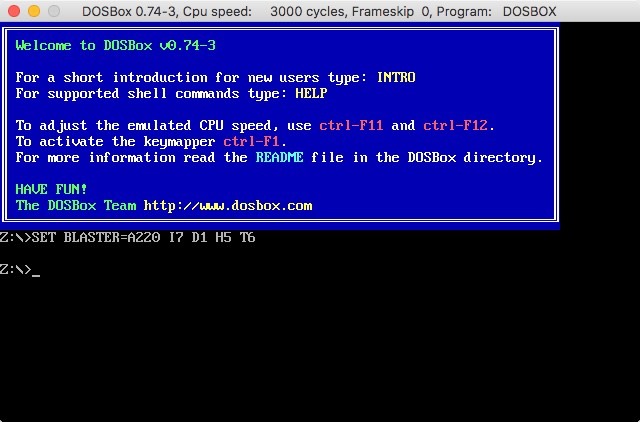 Interfaz de usuario de la pantalla de apertura de Dosbox