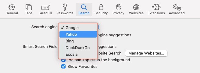 Opciones del motor de búsqueda Safari