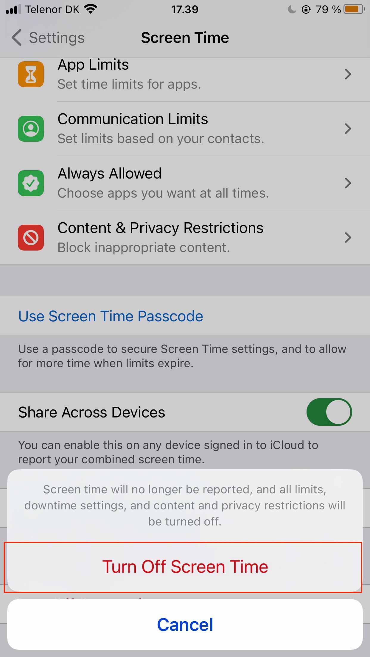 Captura de pantalla que solicita al usuario que apague el tiempo de pantalla del iPhone