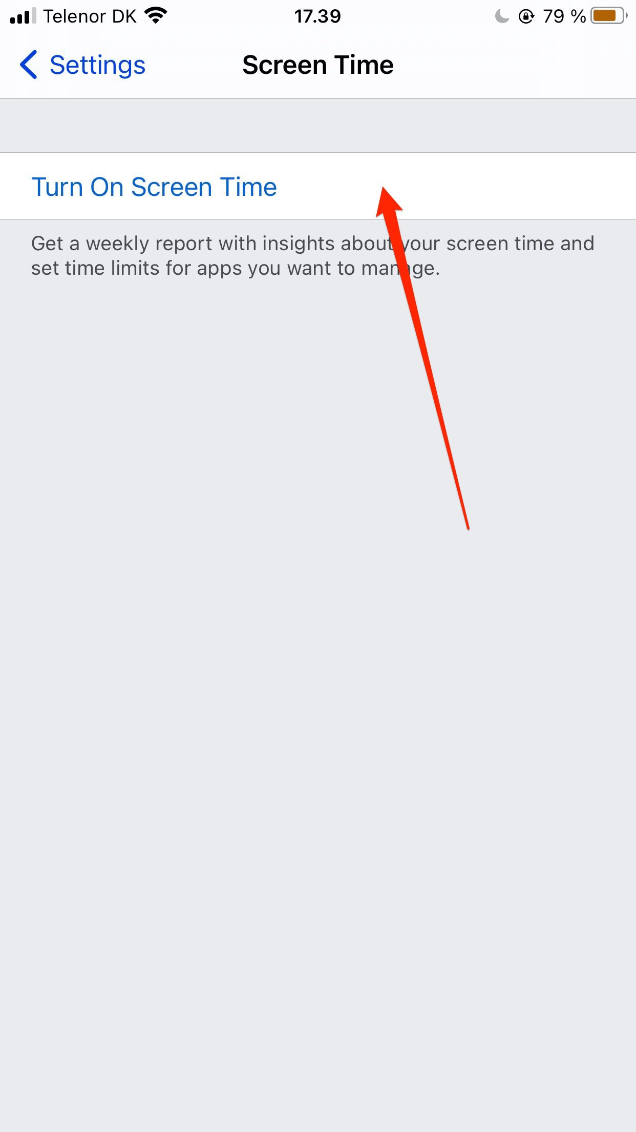 Captura de pantalla en la aplicación Screen Time del iPhone que le pide al usuario que la vuelva a encender