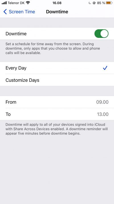 Captura de pantalla que muestra la configuración personalizada para el tiempo de inactividad en el iPhone