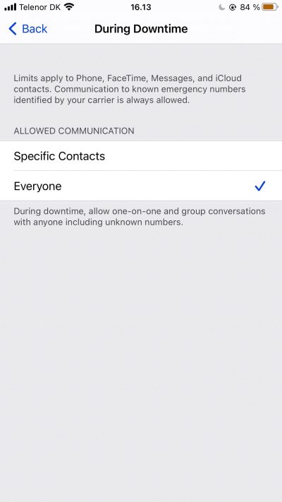 Captura de pantalla que muestra las opciones de contacto para el tiempo de inactividad