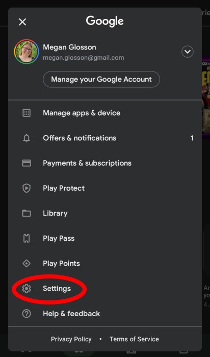 Controles parentales de Android Cuenta de Google Play