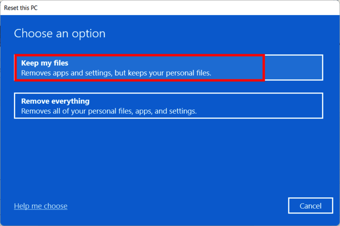 Seleccionando la opción "Guardar mis archivos" antes de reiniciar la PC