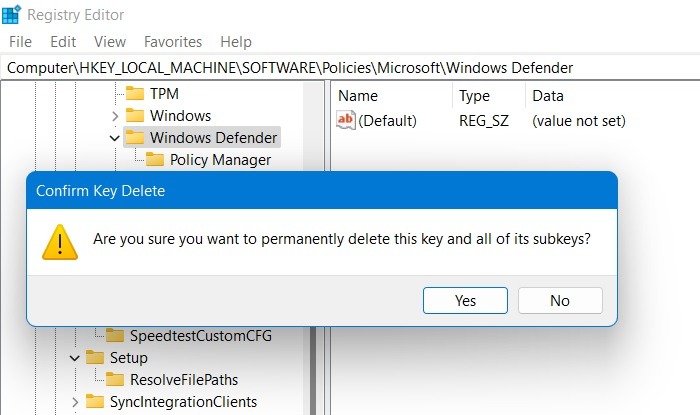 Esta configuración Administrador administrado Windows11 Eliminar confirmación de clave de Defender 1