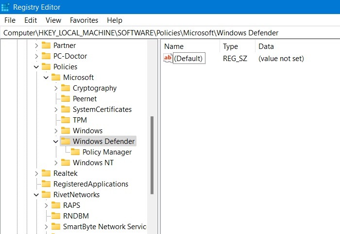 Esta configuración Administrador administrado Windows11 Editor de registro de Windows Defender
