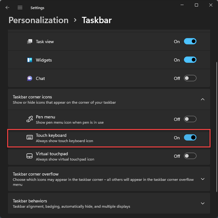 Windows 11 Teclado táctil Personalización Barra de tareas Teclado táctil Habilitar