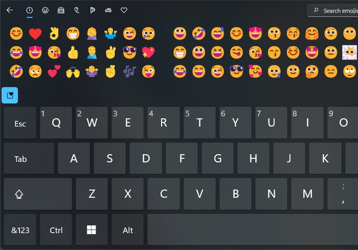 Teclado táctil de Windows 11 Panel de emojis Búsqueda de emojis