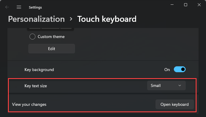 Tamaño del texto de la tecla del teclado táctil Personalización del teclado táctil de Windows 11