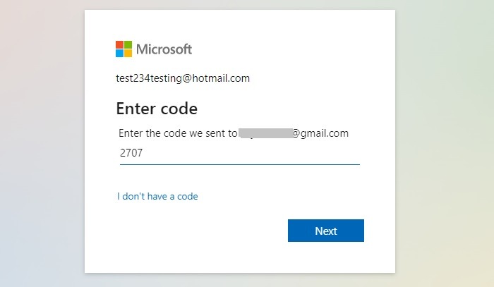 Código de recuperación de Hotmail Correo electrónico enviado