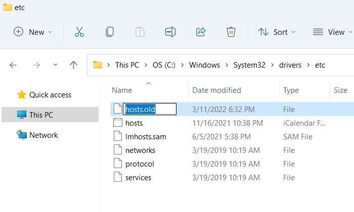 Cambio de nombre de archivo de hosts de Windows