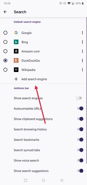Cómo cambiar el motor de búsqueda predeterminado Android Firefox Agregar motor de búsqueda