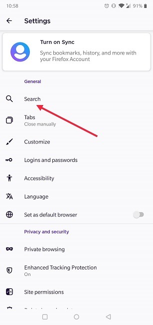 Cómo cambiar el motor de búsqueda predeterminado Android Firefox Search